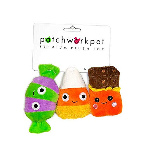 Patchwork Pet Halloween Candy Trio Dog Toy Plush Set Candy Corn Chocolate Bar Gum