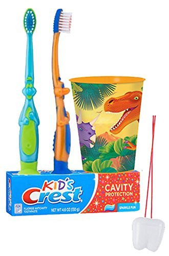 Dinosaurs Inspired 4pc. Bright Smile Oral Hygiene Set Dino Manual Toothbrush, Crest Kids Sparkle Toothpaste  and  Mouthwash Rinse Cup Plus Bonus Remember to Brush Visual Aid by SmileCare