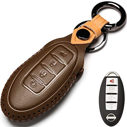 Leather Nissan Dedicated Cover Key Fob Case, Suit for Keyless Remote Control for Nissan Versa, Sentra, Altima, Maxima, Rogue, Infiniti Q50, Q60, QX50, QX60, QX80 and More Models A Style, Brown
