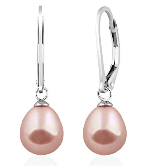 Splendid Pearls 925 Sterling Silver 8mm Genuine Pearls Freshwater Cultured Lever-back Dangling Earrings for Women Pink