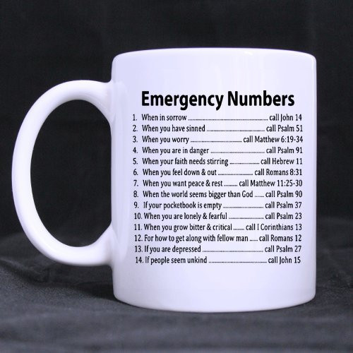 Funny Christmas Day Mug - Bible Emergency Numbers?Coffee?Mug?or?Tea?Cup,Ceramic?Material?Mugs,White?11OZ Inspirational gifts for friends?