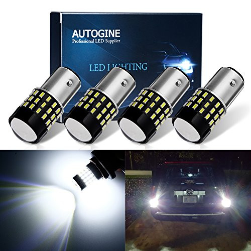 AUTOGINE 4pcs 1000 Lumens 9-30V 1157 2057 2357 7528 BAY15D LED Bulbs 3014 54-EX Chipsets with Projector for Reverse Back Up Lights DRL Tail Brake Lights, 6000K Xenon White