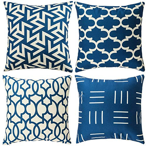 Tosewever Set of 4 Decorative Geometric 18 x 18 Inches Throw Pillow Covers - Modern Pattern Linen Square Pillow Cushion Case for Sofa Couch Bed Home Outdoor Car 18inch  x 18inch , Blue/Beige