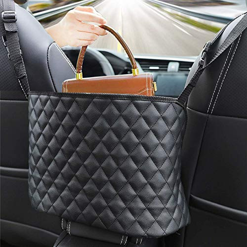 Car Handbag Holder,Pu Leather Seat Back Organizer Large Capacity Bag,Driver Storage Netting Pouch Seat Back Net Bag Purse Storage  and  Pocket Handbag Holder Between Two Seats of The Car Leather black
