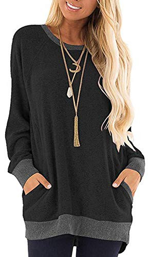 Womens Baggy Long Sleeve Sweatshirts Comfy Sweaters Color Block Blouses Tops T Shirts Black XL