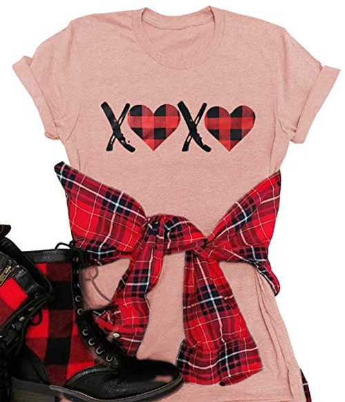 XOXO Plaid Heart Print Graphic T-Shirts Womens Valentine's Day Short Sleeve Tees Tops for Gift Wife S, Pink