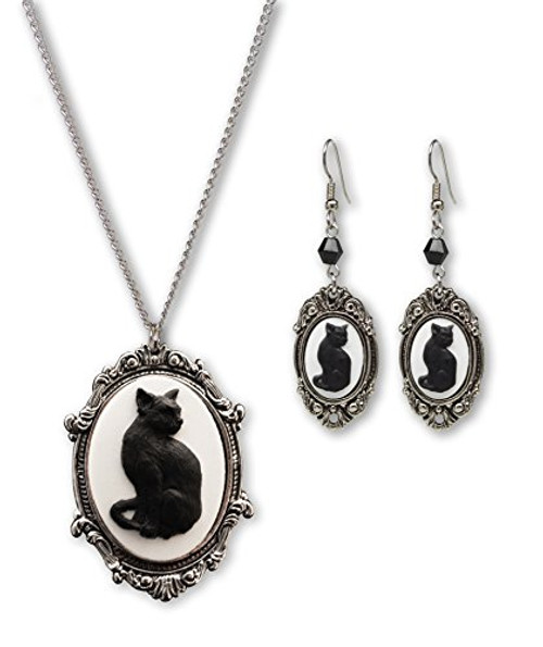 Real Metal Black Cat Cameo Silver Finish Frame Pendant Necklace Dangle Earrings Jewelry Set Real Metal Black Cat Cameo Silver Finish Frame Pendant Necklace Dangle Earrings Jewelry Set