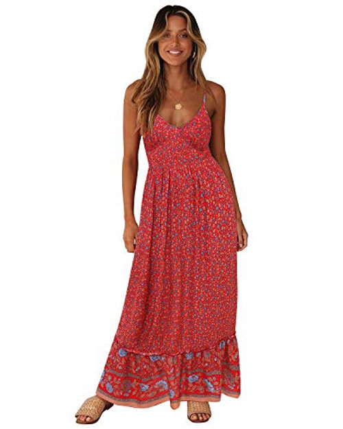LANISEN Womens Summer Long Dresses Boho Floral Print Adjustable Spaghetti Strap Casual Loose Maxi Dress Floral Ruffle Hem Beach Party Maxi Dress Red S LANISEN Womens Summer Long Dresses Boho Floral Print Adjustable Spaghetti Strap Casual Loose Maxi Dress Floral Ruffle Hem Beach Party Maxi Dress Red S