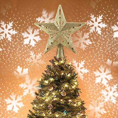 Christmas Tree Topper Lighted Star Tree Toppers with LED Rotating Snowflake Projector Lights, 3D Hollow Silver Star Snow Tree Topper for Christmas Tree Decorations Gold