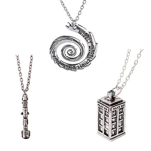 Doctor Who 4 Pack Different Necklace Wibbly Wobbly Timey Wimey Pendant 11th Doctor Sonic Screwdriver Pewter Finish PENDANT Necklace Inspired 3D Police Box Chain
