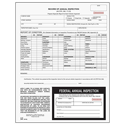 Record of Annual Inspection with Inspection Decal 10-pk. - Continuous Format, 2-Ply, Carbonless, 9.5inch  x 11inch  - Complies with DOT AVIR Requirements 49 CFR Part 396 - J. J. Keller  and  Associates
