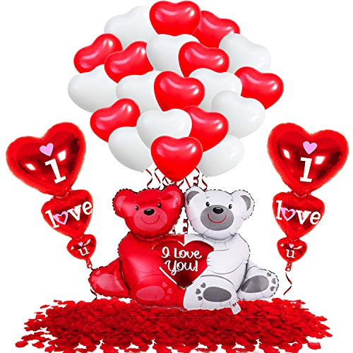 Huge Teddy Balloon with I Love You Balloon - 2000 Pcs Red Rose Petals  White Red Heart Balloons for Valentine Decorations, Anniversary, Proposal  Rose petals for Romantic Decorations Special Night