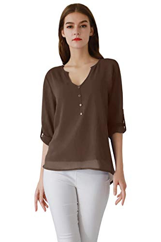 YMING Womens Chiffon Casual Blouse 3/4 Sleeve Blouse V Neck Chiffon Shirt Brown 2XL