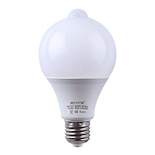 Motion Sensor Bulb Led E27 PIR Infrared Dusk to Dawn LED Light Bulb Detection Light, Auto Switch Night Lights for Porch Patio Garage Stairs Lobby Carport Hallway Security 9w 810LM Natural White