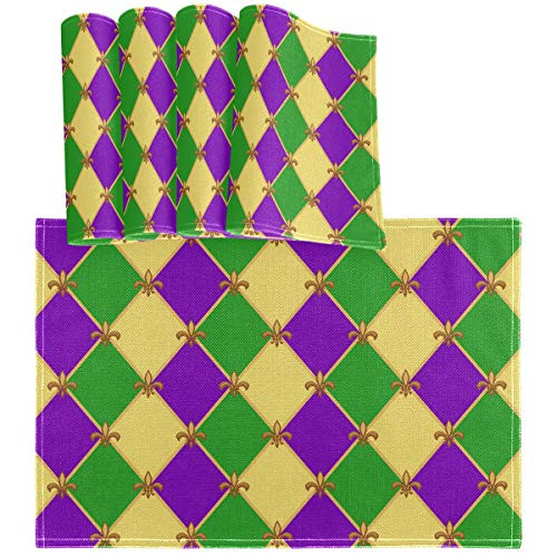 Oarencol Mardi Gras Zagzig Fleur De Lis Placemat Table Mats Set of 4, Heat-Resistant Washable Clean Kitchen Place Mats for Dining Table Decoration