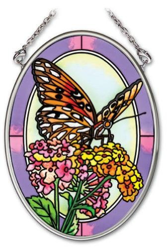 Amia 3-1/4 by 4-1/4-Inch Oval Hand-Painted Glass Suncatcher, Gulf Fritillary Butterfly, Small