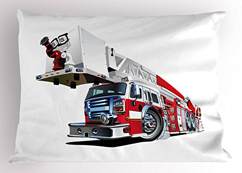 Ambesonne Truck Pillow Sham, Firetruck Speeding to Danger Illustration Emergency Services Theme 911 Cartoon, Decorative Standard Queen Size Printed Pillowcase, 30inch  X 20inch , Blue Grey Red