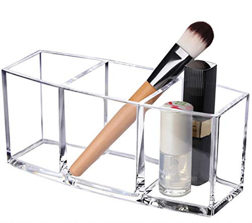 Makeup Brush Holder Organizer 3 Slot Acrylic Cosmetic Brushes Storage Eyeliners Eyebrow Pencil Display Case for Vanity, Bathroom, Countertop and Dresser Clear