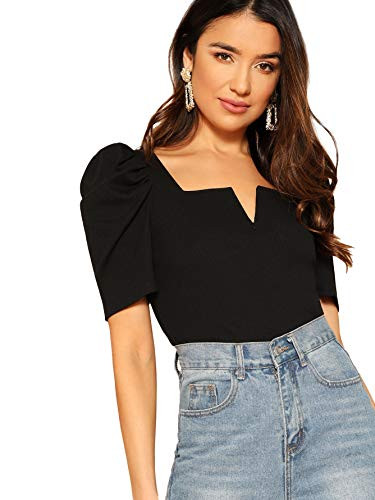 Romwe Women's Rib Knit Puff Short Sleeve Square Neck Slim Fit Elegant Blouse Tops Black X-Large