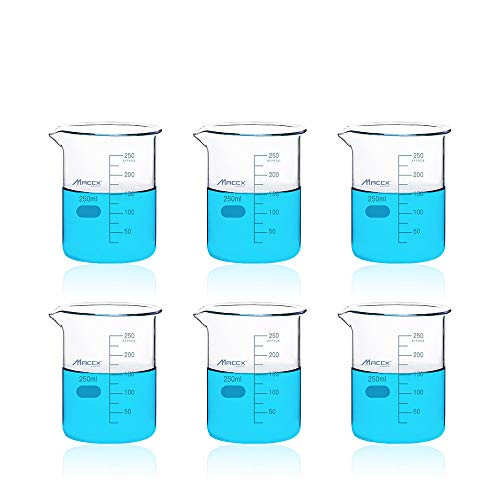 Maccx 8.5oz250ml Sturdy Glass Beaker, 3.3 Borosilicate Griffin Low Form with Printed Graduation, Pack of 6, BKL250-006