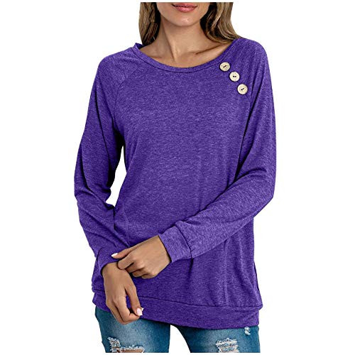 OutTop Women Fall Winter T Shirt Casual Long Sleeve Solid Patchwork Button Crewneck Tees Comfy Pullover Blouse Top Tunic Violet, XL