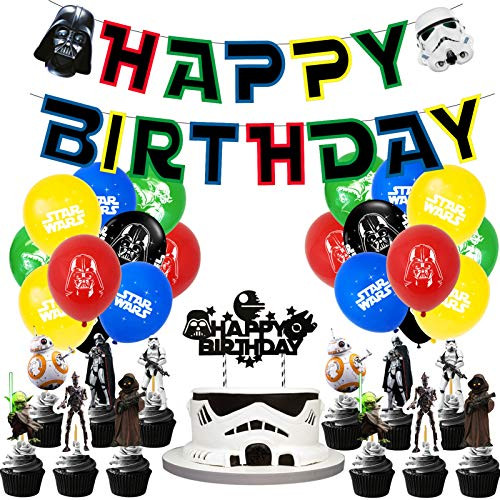 Star Wars Birthday Party Supplies, Star Wars Theme Party Decorations Set include Latex Balloons, Happy Birthday Banner, Cake Topper for Star Wars Fans Birthday Party Decorations