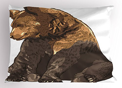 Ambesonne Bear Pillow Sham, Big and Mammal Sitting Smiling Wildlife Beast Nature Inspired Cartoon Mascot, Decorative Standard Queen Size Printed Pillowcase, 30inch  X 20inch , Taupe Brown