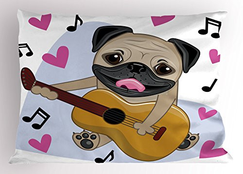 Ambesonne Pug Pillow Sham, Pug Dog Playing Guitar Singing with Pink Hearts Funny Animal Cartoon, Decorative Standard Queen Size Printed Pillowcase, 30inch  X 20inch , Pale Brown Pink Black
