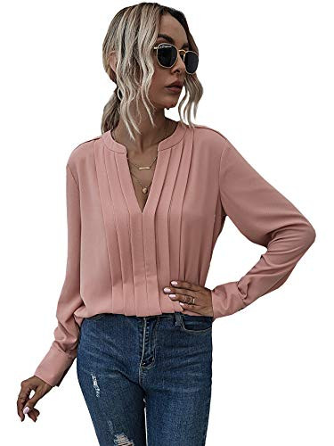 SOLY HUX Women's Casual Notched V Neck Long Sleeve Work Top Blouse Pink M