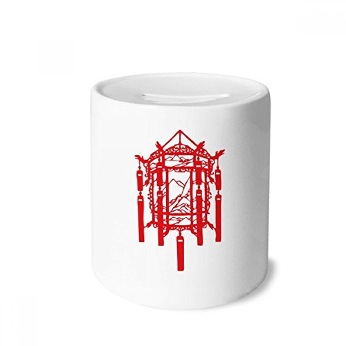 DIYthinker Red Lantern Chinese Paper Cutting Money Box Ceramic Coin Case Piggy Bank Gift