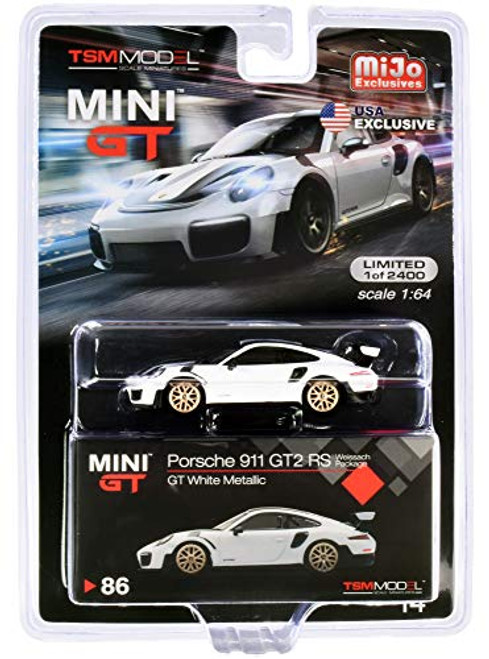 Porsche 911 GT2 RS Weissach Package GT White Metallic with Carbon Stripes Ltd Ed 2400 pcs 1/64 Diecast Model Car by True Scale Miniatures MGT00086