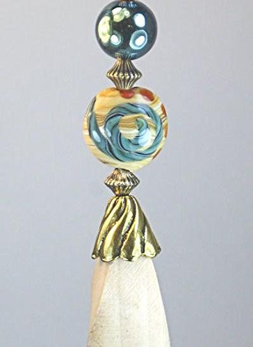 Long Blonde Light Wood with Cream  and  Metallic Green Iridescent Glass Ceiling Fan Pull Chain