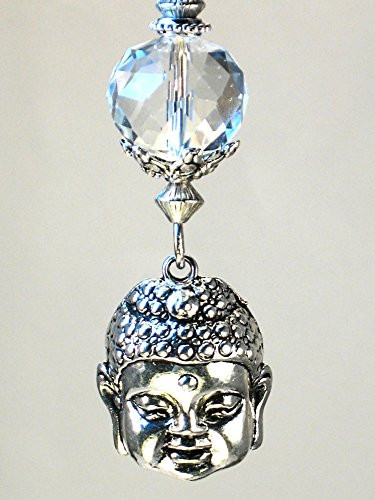 Large Silver Metal Buddha Face with Faceted Crystal Clear Glass Ceiling Fan Pull Chain - Lamp/Light Pull