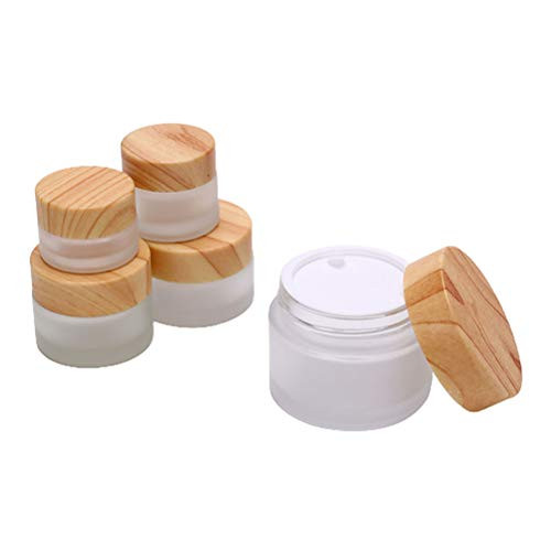 IGUFSDIG 6Pcs Frosted Glass Jars Refillable Glass Face Cream Pot Cream Jar Bottle with Wood Grain Lid Round Cosmetic Container with Bamboo Lids for Makeup Lip Balms Eyeshadow