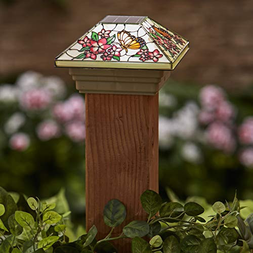 The Lakeside Collection Faux Stained Glass Solar Post Cap Light with Butterfly Motif