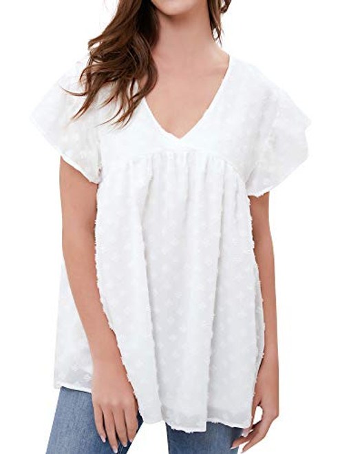 WLLW Womens Chiffon Blouse Swiss Dot Casual V Neck Short Sleeve Pom Pom Shirts Tops White, Medium