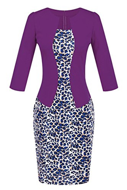 YMING Womens Work Dress Knee Length Bodycon Dress 3/4 Sleeve Office Dress Purple XL