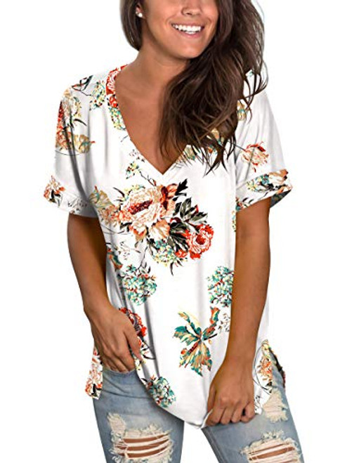 Womens Tops Plus Size Short Sleeve White T Shirts Blouses Loose Fit V Neck Tee XXL