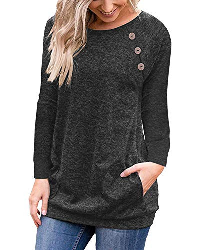 Halife Womens Casual Solid Sweatshirts Long Sleeve Tunic Tops Round Neck Loose Comfy Pullover Pockets Black L