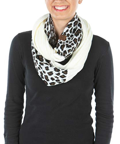 Womens Infinity Scarf Cable Knit Wrap - Ivory Leopard