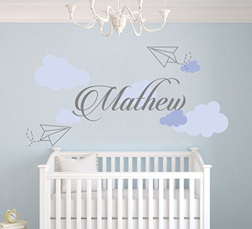 Personalized Name Sky Paper Planes and Clouds Nursery - Baby Boy Girl Decoration - Mural Wall Decal Sticker For Home Interior Decoration Car Laptop M284 Wide 30inch  x 15inch  Height