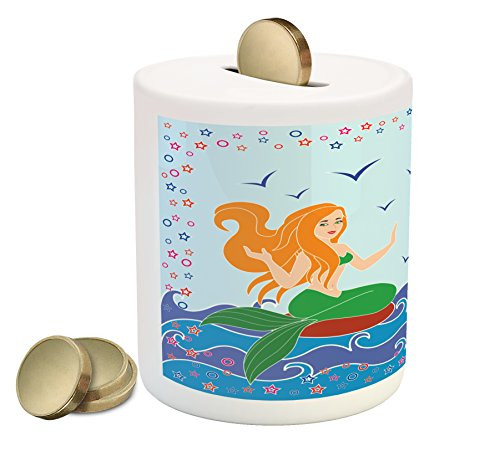 Lunarable Underwater Piggy Bank, Dolphin and Mermaid Girl on the Sea Blue Waves Colorful Summer Time Drawing, Printed Ceramic Coin Bank Money Box for Cash Saving, Multicolor Lunarable Underwater Piggy Bank, Dolphin and Mermaid Girl on the Sea Blue Waves Colorful Summer Time Drawing, Printed Ceramic Coin Bank Money Box for Cash Saving, Multicolor