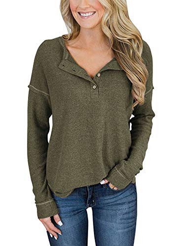 TEMOFON Women's Top Long Sleeve Waffle Knit Tunic Casual Loose Fit Henley Sweater Shirts with Buttons Army Green L