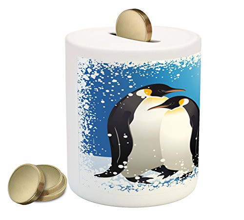 Ambesonne Winter Piggy Bank, Cute Penguins on Iceland at Arctic Snowy Frozen Climate Kids Illustration, Printed Ceramic Coin Bank Money Box for Cash Saving, Sky Blue White Black