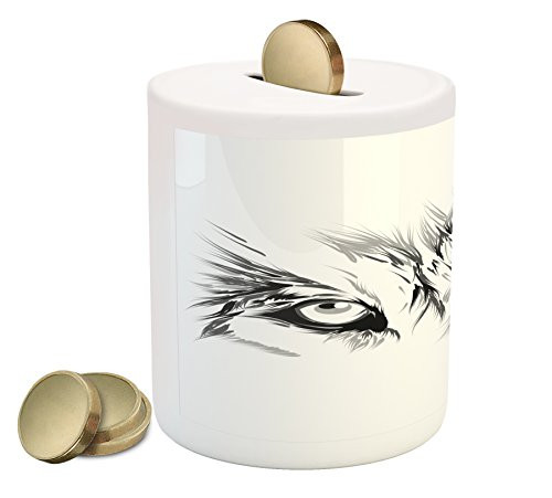 Ambesonne Tattoo Piggy Bank, Winter Time Animal White Wolf with its Eyes Looking Straight and Fierce Art, Printed Ceramic Coin Bank Money Box for Cash Saving, White and Black Ambesonne Tattoo Piggy Bank, Winter Time Animal White Wolf with its Eyes Looking Straight and Fierce Art, Printed Ceramic Coin Bank Money Box for Cash Saving, White and Black