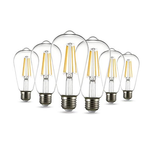 6 Pack-Dimmable Vintage LED Edison Bulbs, 6W, Equivalent 60W, 600lm, Warm White 2700K, ST64 Antique LED Filament Bulbs, E26 Medium Base, Clear Glass