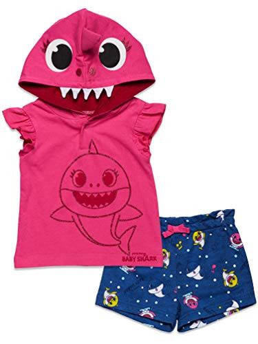 Pinkfong Baby Shark Toddler Girls French Terry Short Sleeve Hoodie  and  Shorts Set 4T Pink