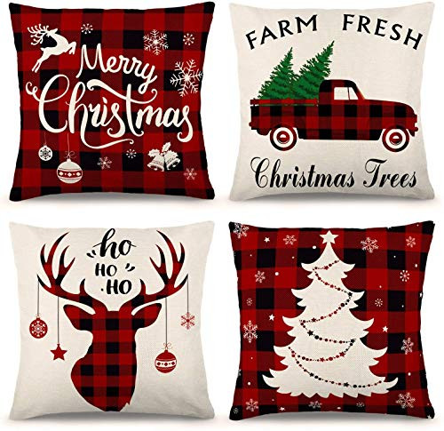 DecorX Christmas Pillow Covers 18x18 Inch Set of 4 Farmhouse Black and Red Buffalo Plaid Pillow Covers Holiday Rustic Linen Pillow Case for Sofa Couch Christmas Decorations Throw Pillow Covers DecorX Christmas Pillow Covers 18x18 Inch Set of 4 Farmhouse Black and Red Buffalo Plaid Pillow Covers Holiday Rustic Linen Pillow Case for Sofa Couch Christmas Decorations Throw Pillow Covers
