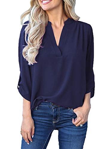 Bellastory Women's Split V Neck Chiffon Blouse Roll-up Sleeve Tops Casual Loose Fits Tunics Long Sleeve Work Blouses Shirt - Navy Blue M