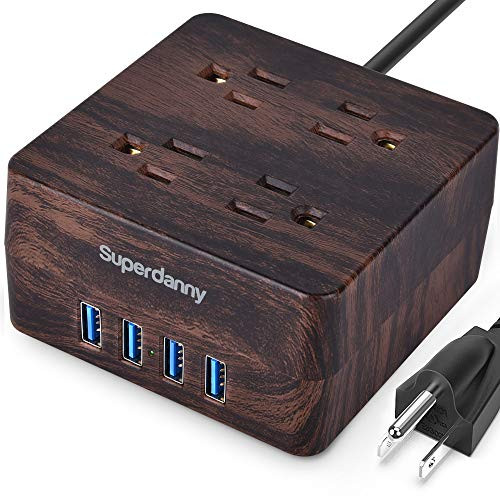 USB Power Strip Surge Protector - SUPERDANNY Desktop Extension Cord with 4 Widely Spaced Outlets  and  4 Smart USB Ports, Portable Charging Station for Home, Office, Hotel, Dorm, RV, Deep Walnut Grain